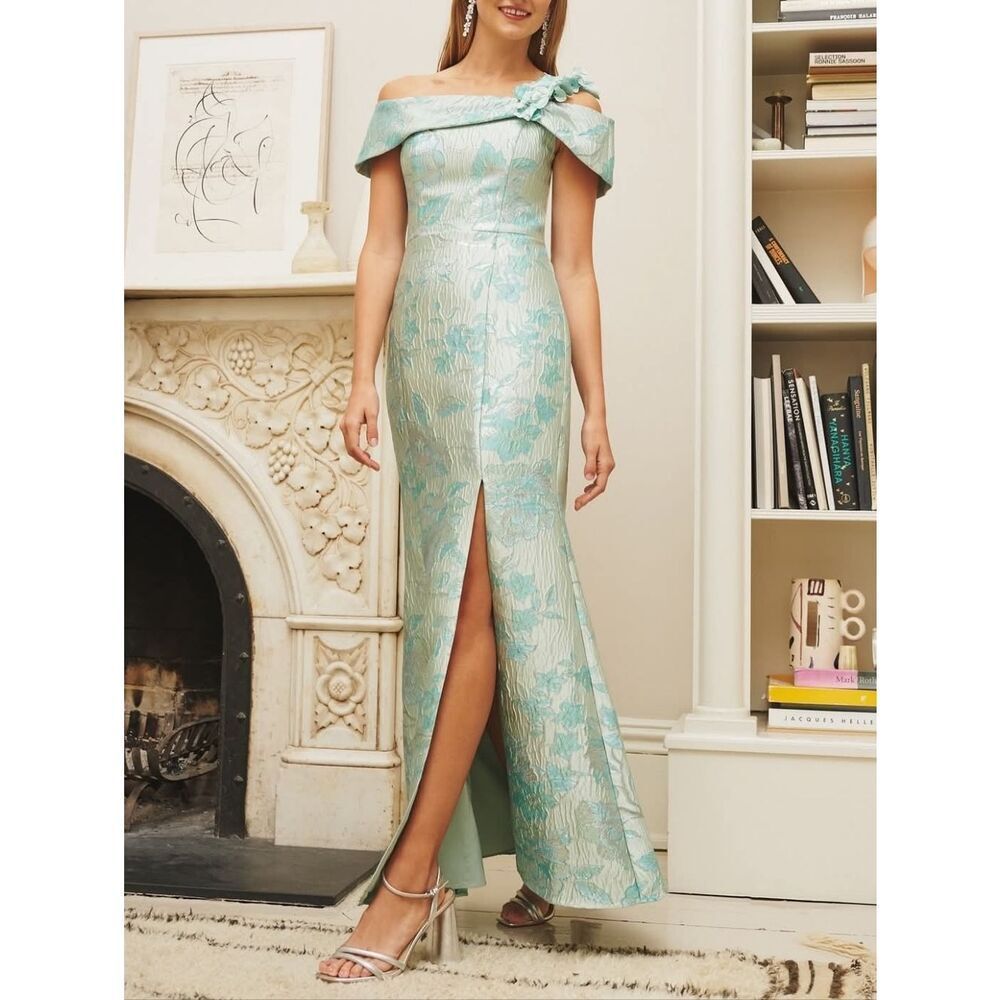 NWT Adrianna Papell Green Off-The-Shoulder Floral Jacquard Gown Size 8